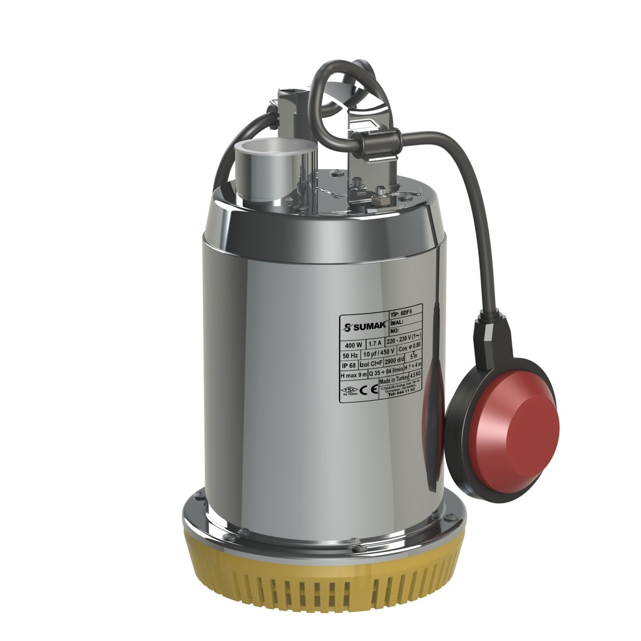 Sumak SDF 6 Drenaj Dalgıç Pompa Paslanmaz Gövdeli Monofaze (220 V) 0.5 Hp